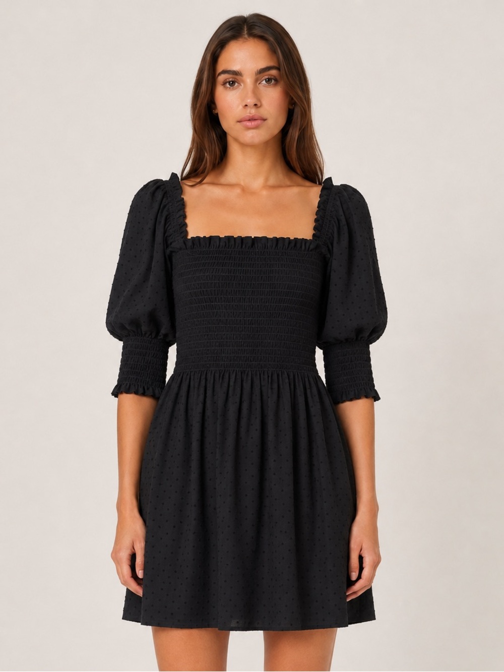 Kourt Black Smocked Swiss Dot Mini Dress